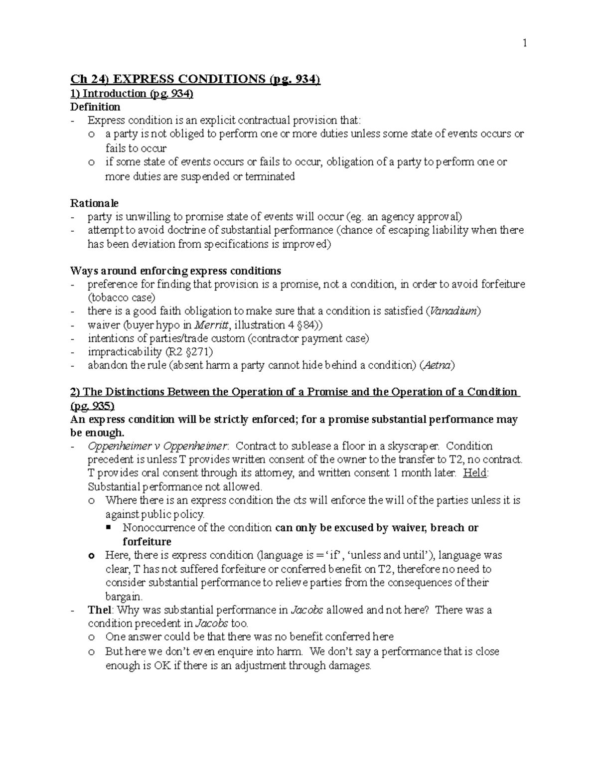 Contracts Law Outline 3 Ch 24) EXPRESS CONDITIONS (pg. 934