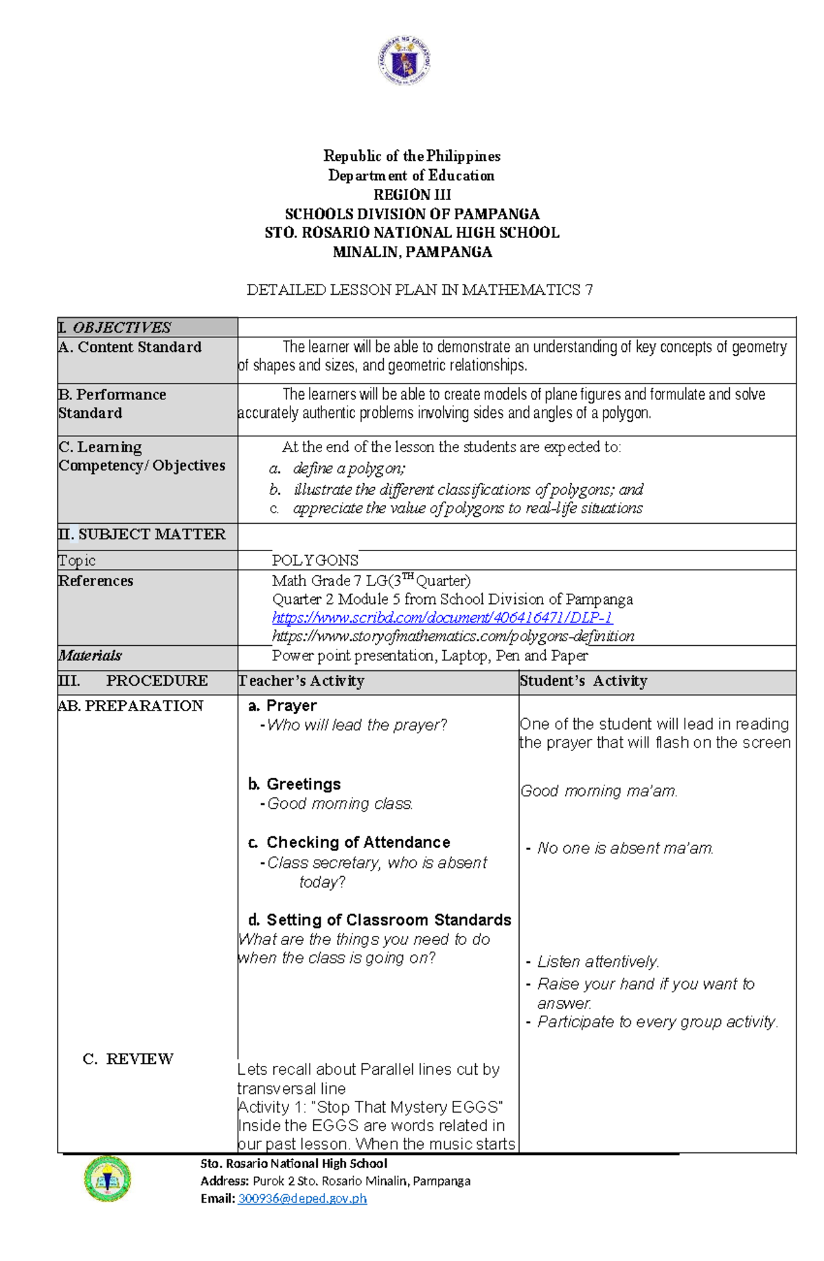 COT MATH7 3RD Polygons - detailed lesson plan - Department of Education ...