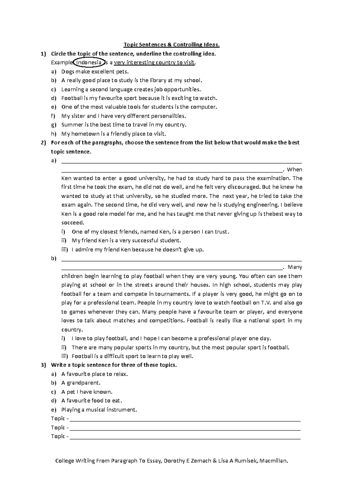 Assignment On Topic Sentence And Controlling Idea College Writing