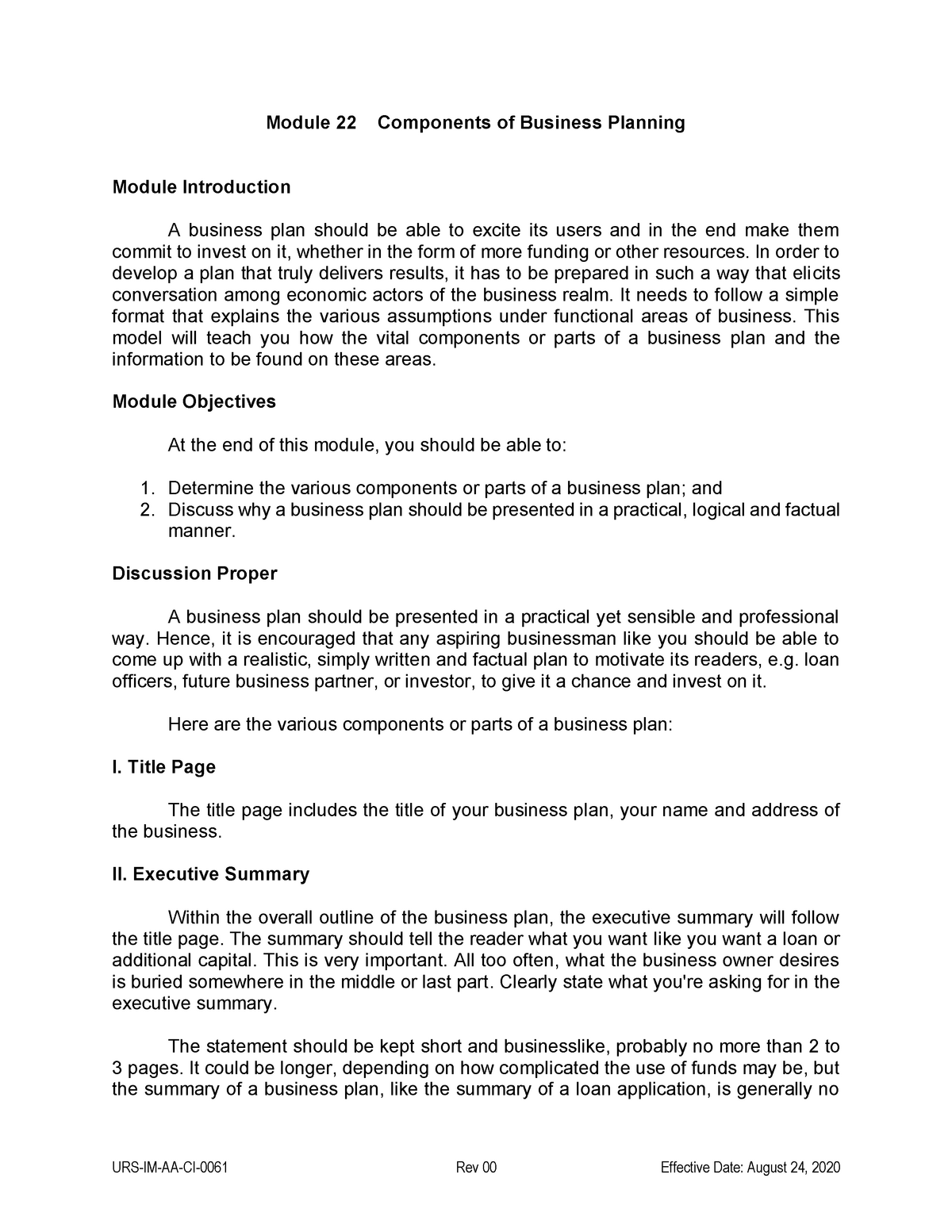 business plan introduction what are the sections or parts