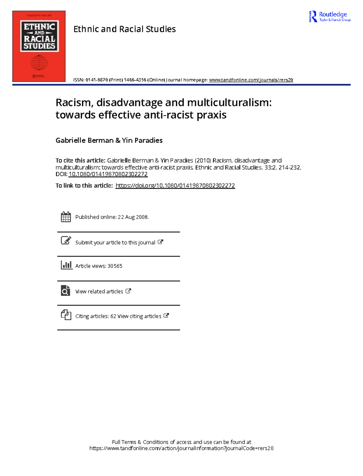 Racism disadvantage and multiculturalism towards effective anti-racist ...