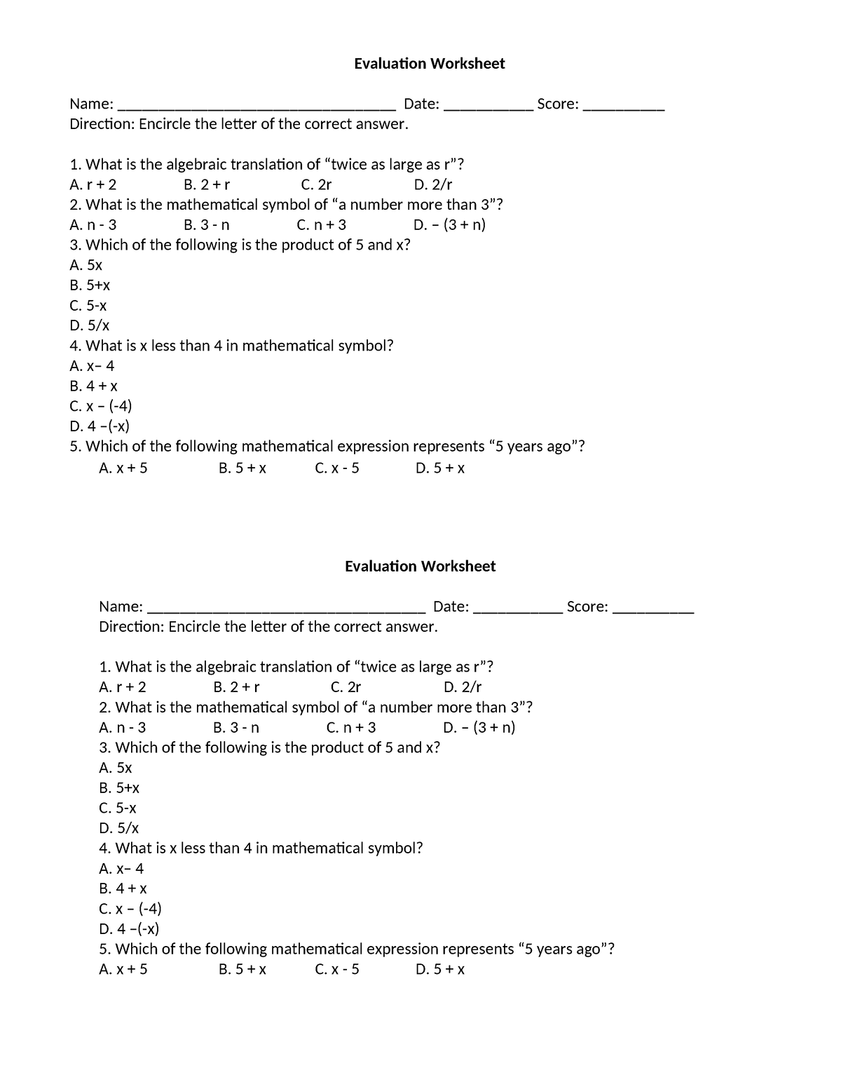 COT Worksheet - A. x + 5 B. 5 + x C. x - 5 D. 5 + x Evaluation ...