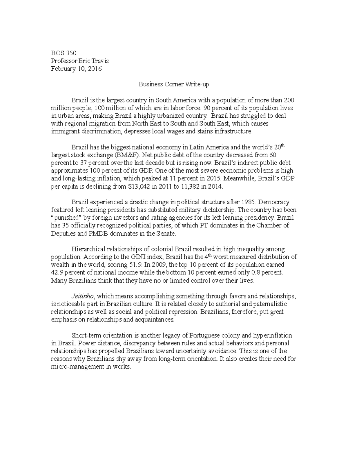 BOS 350 - Writeup copy - BOS 350 Professor Eric Travis February 10 ...