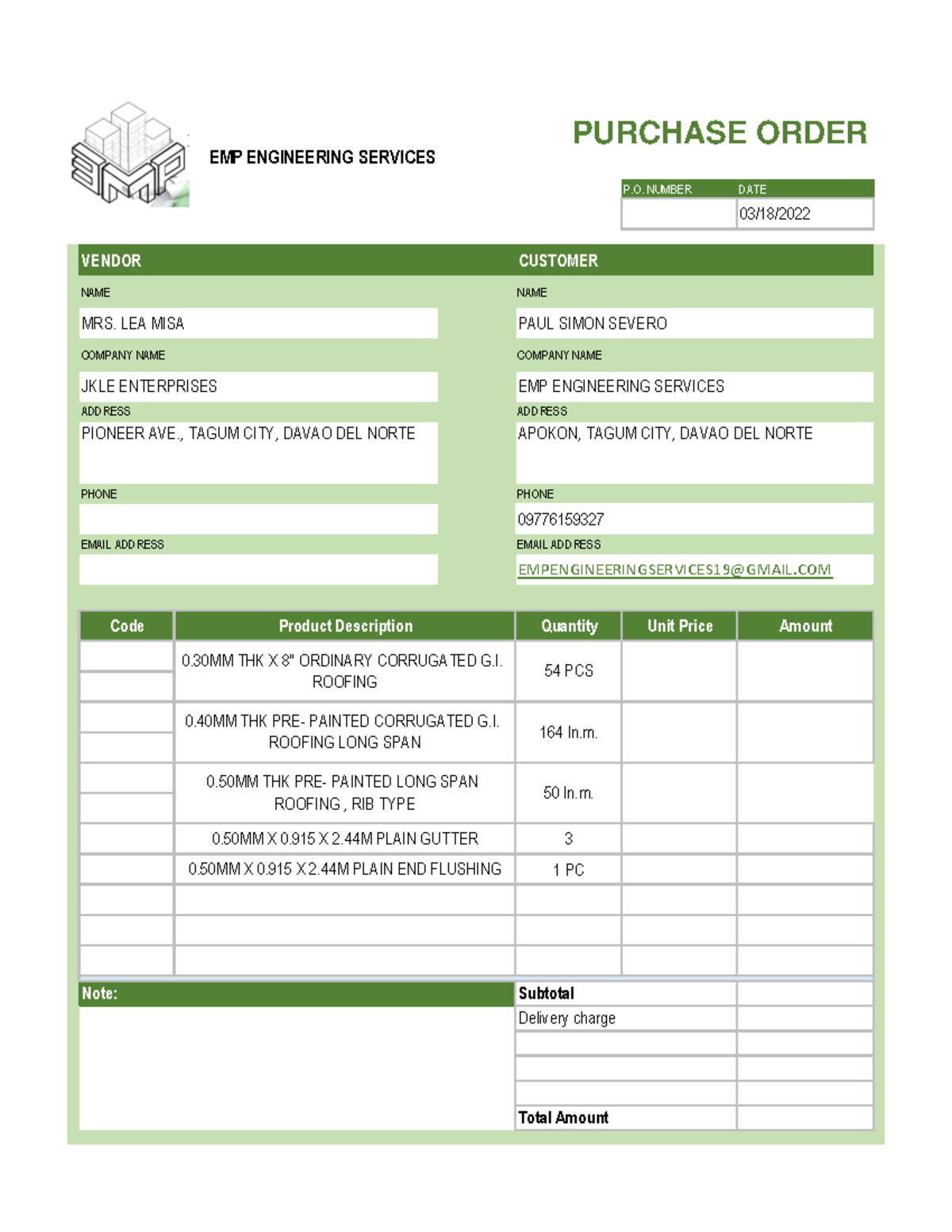 Purchase Order final - P. NUMBER DATE 03/18/ VENDOR CUSTOMER NAME NAME ...