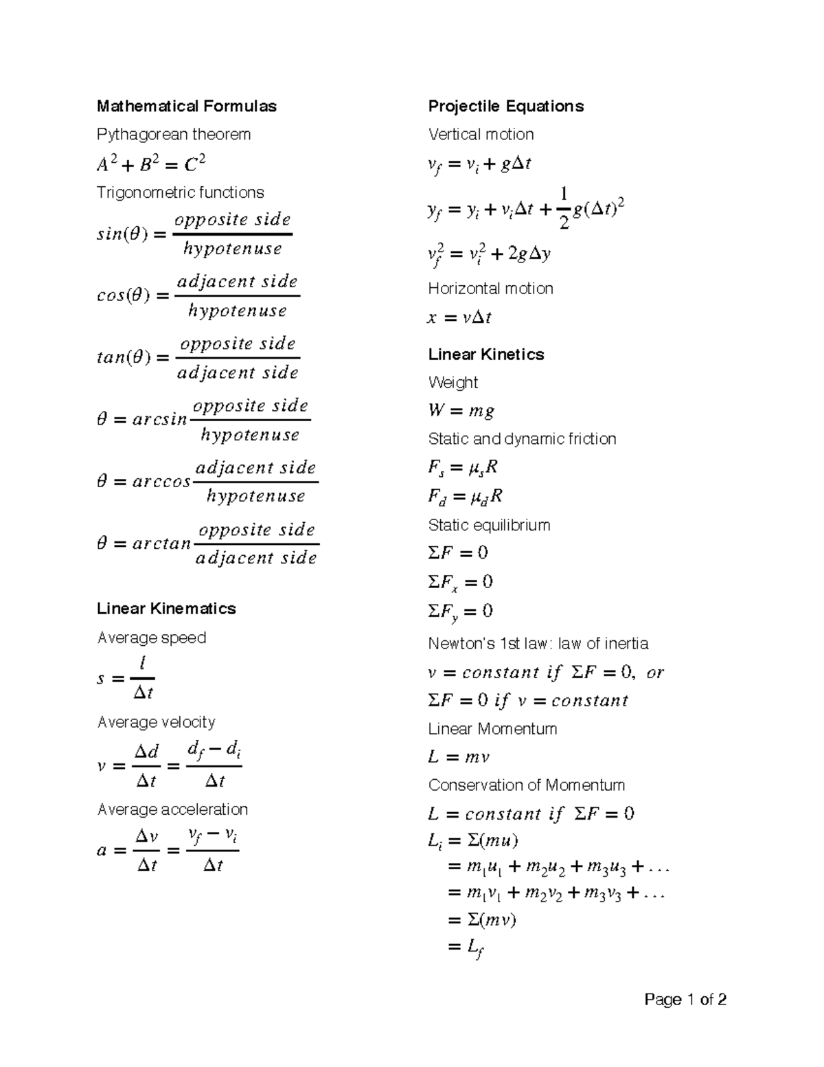 KNPE254 Equation Sheet 1 - Mathematical Formulas Projectile Equations ...