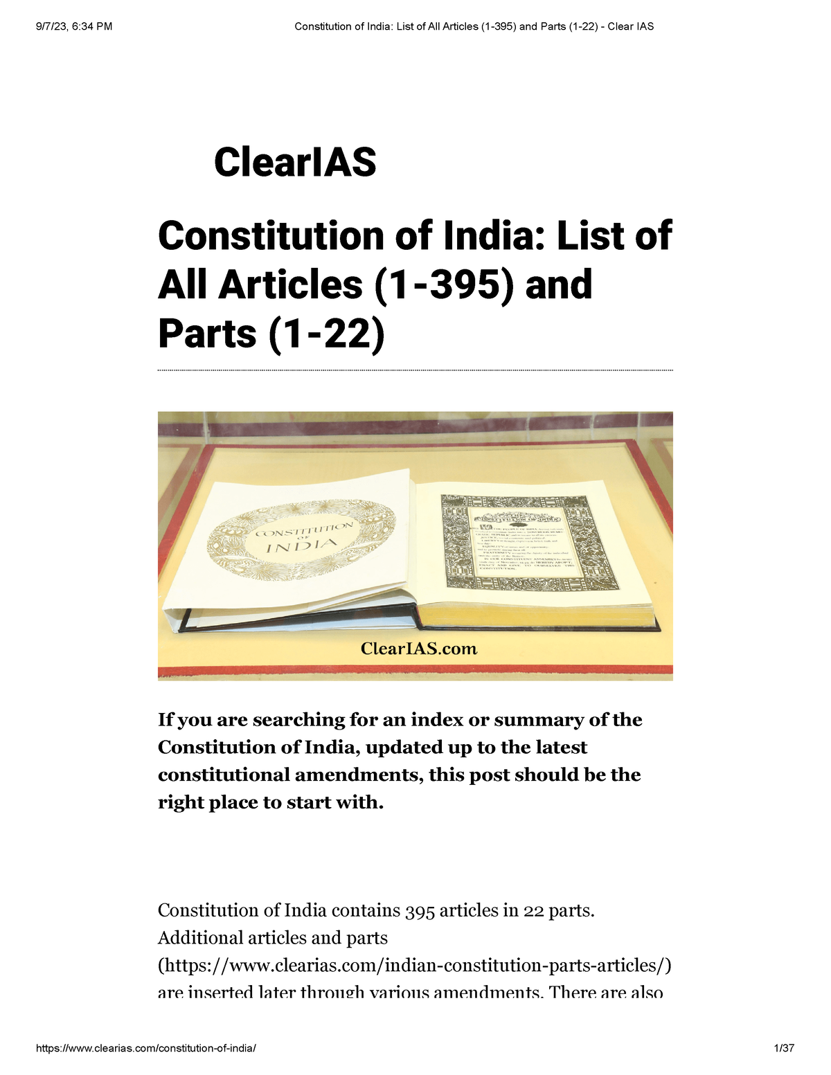 Constitution of India List of All Articles (1395) and Parts (122