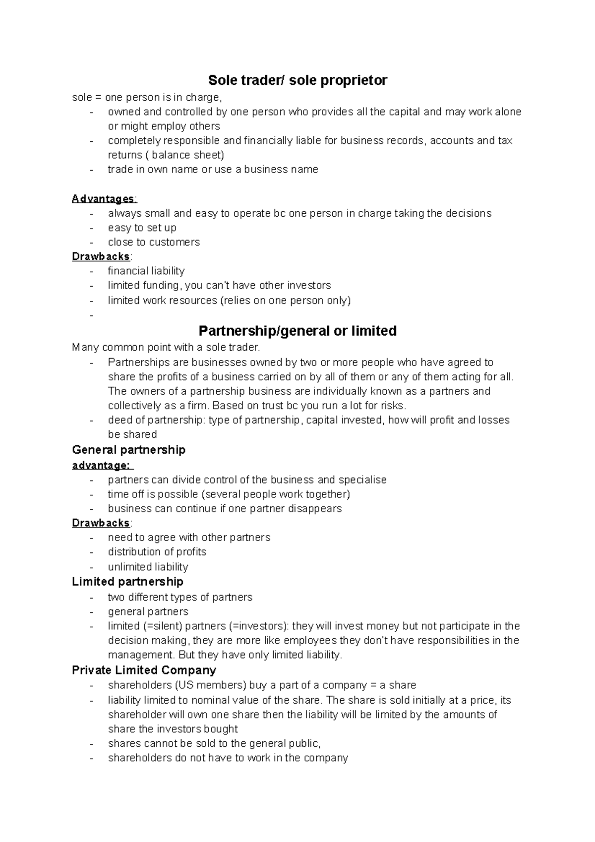 Cours 2 Sole trader/ sole proprietor sole = one person is in charge