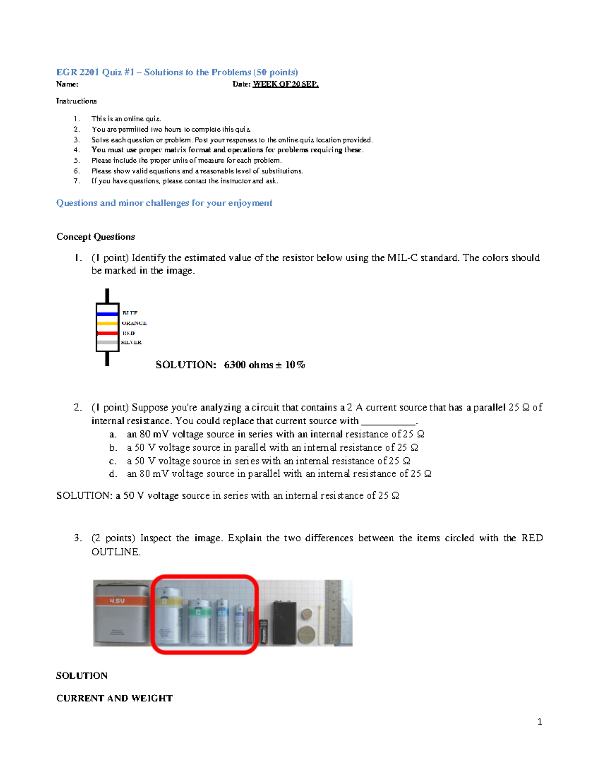 EGR 2201 Exam 1 - EGR 2201 Quiz #1 – Solutions To The Problems (50 ...