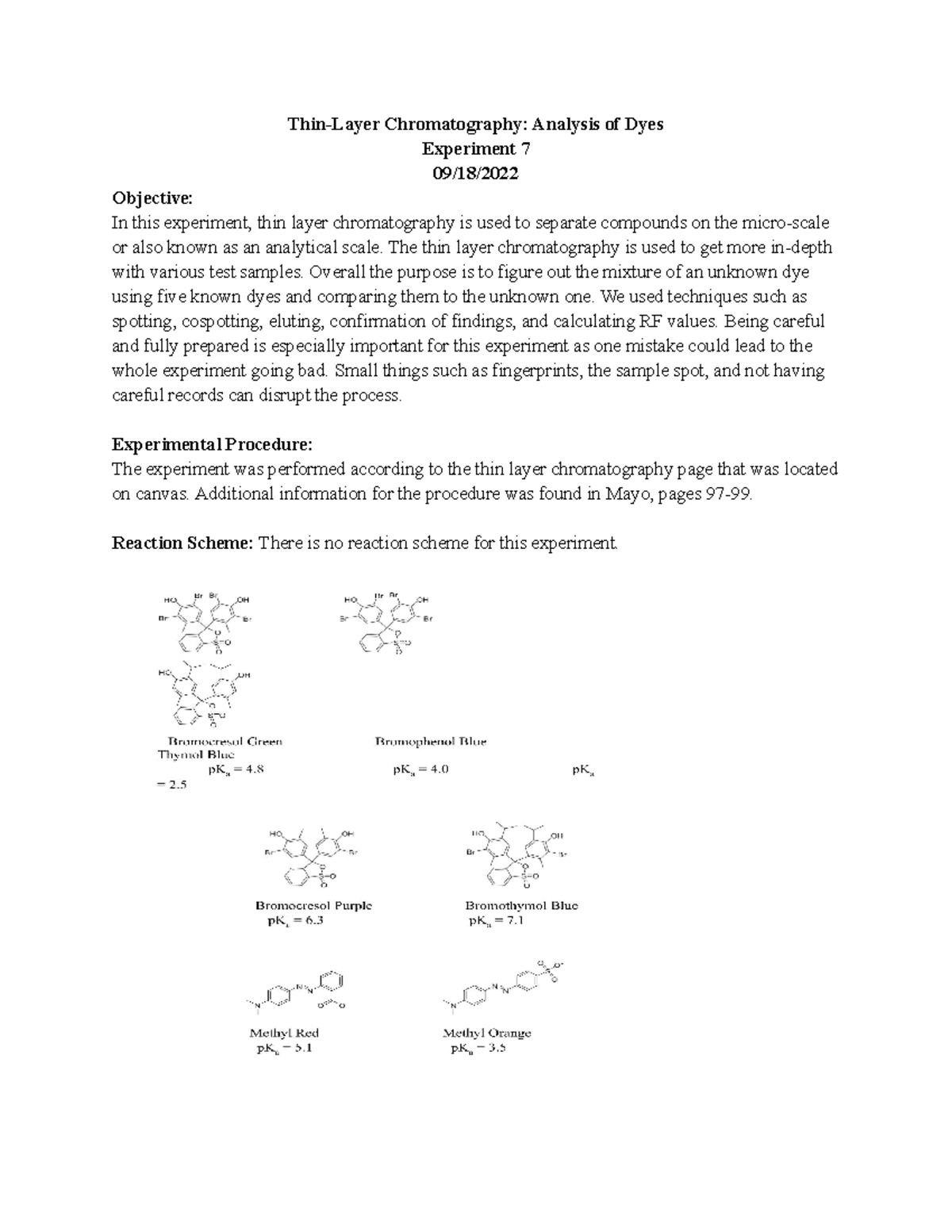 ThinLayer Chromatography Analysis of Dyes ThinLayer Chromatography