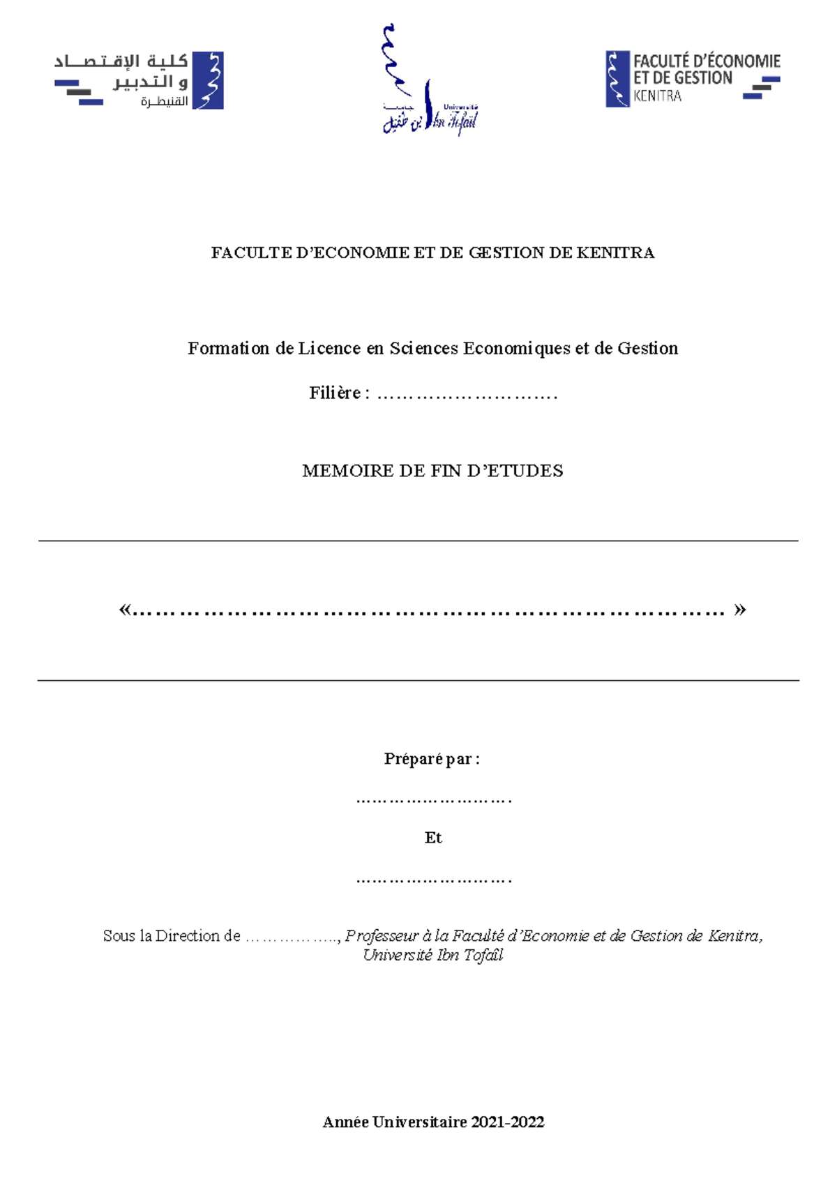 Page-de-garde-PFE FEGK 2022 - FACULTE D’ECONOMIE ET DE GESTION DE ...