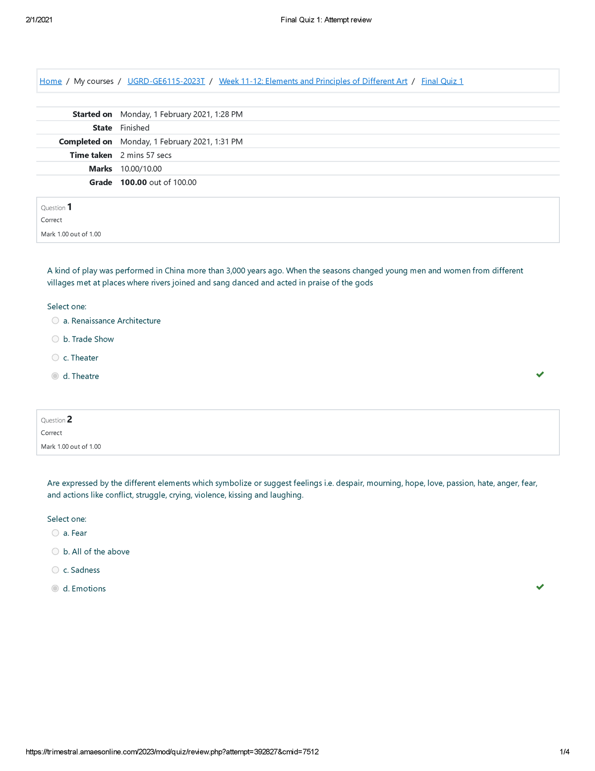 Final Quiz 1 Attempt Review - Home/My Courses/ UGRD-GE6115-2023T/ Week ...