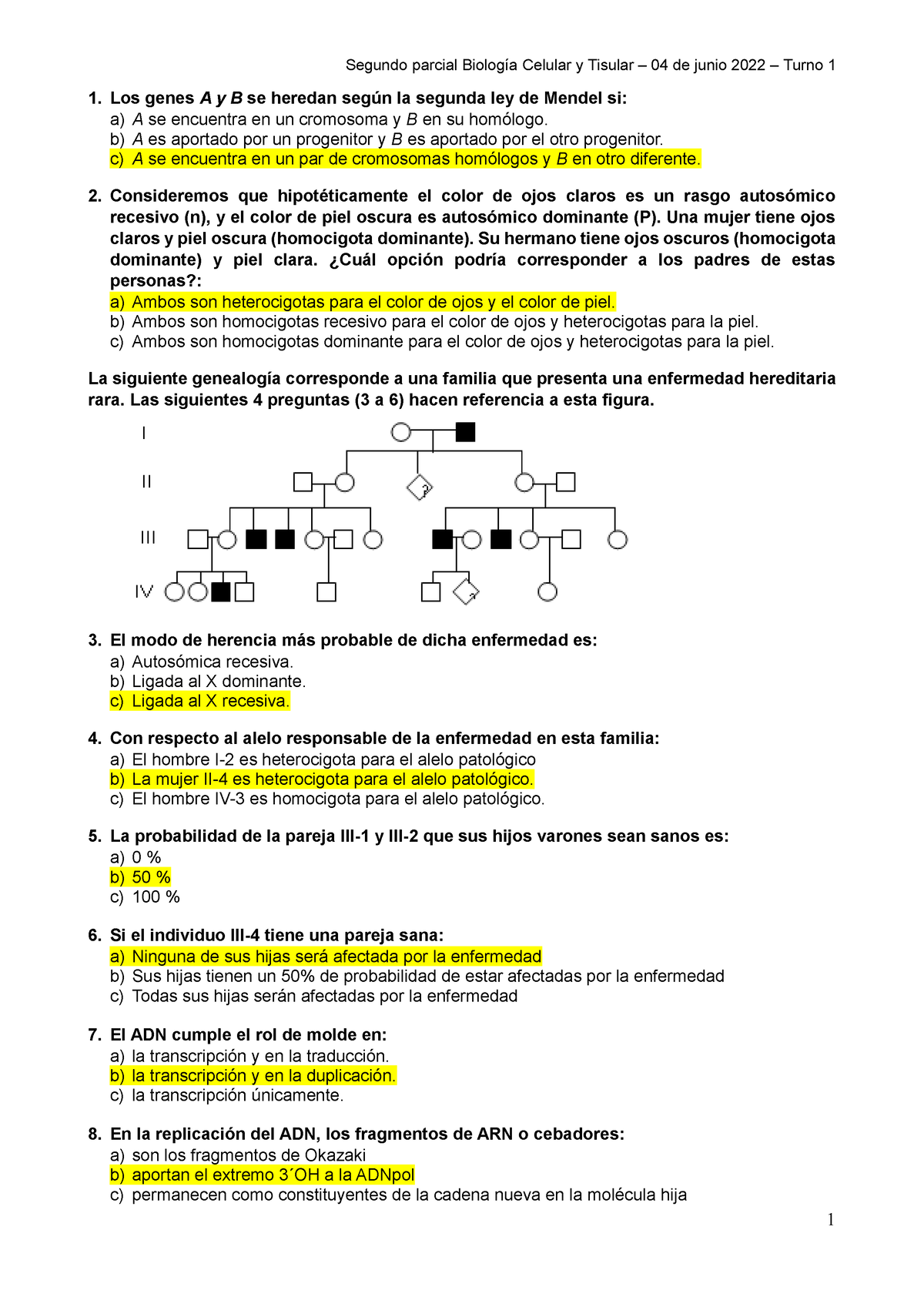 Prototipo Segundo Parcial BCT 04 06 22 Turno 1 - 1. Los Genes A Y B Se ...