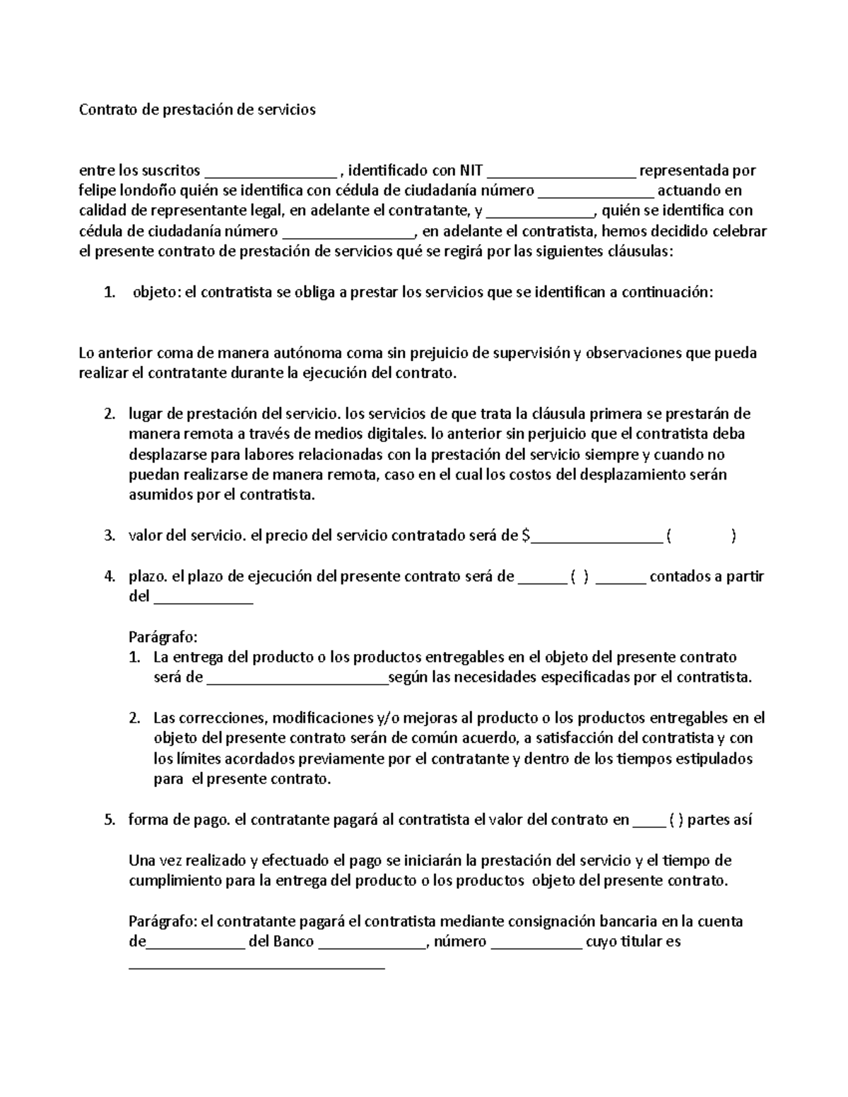 Modelo Contrato Servicios Digitales Colombia - Contrato de prestación ...