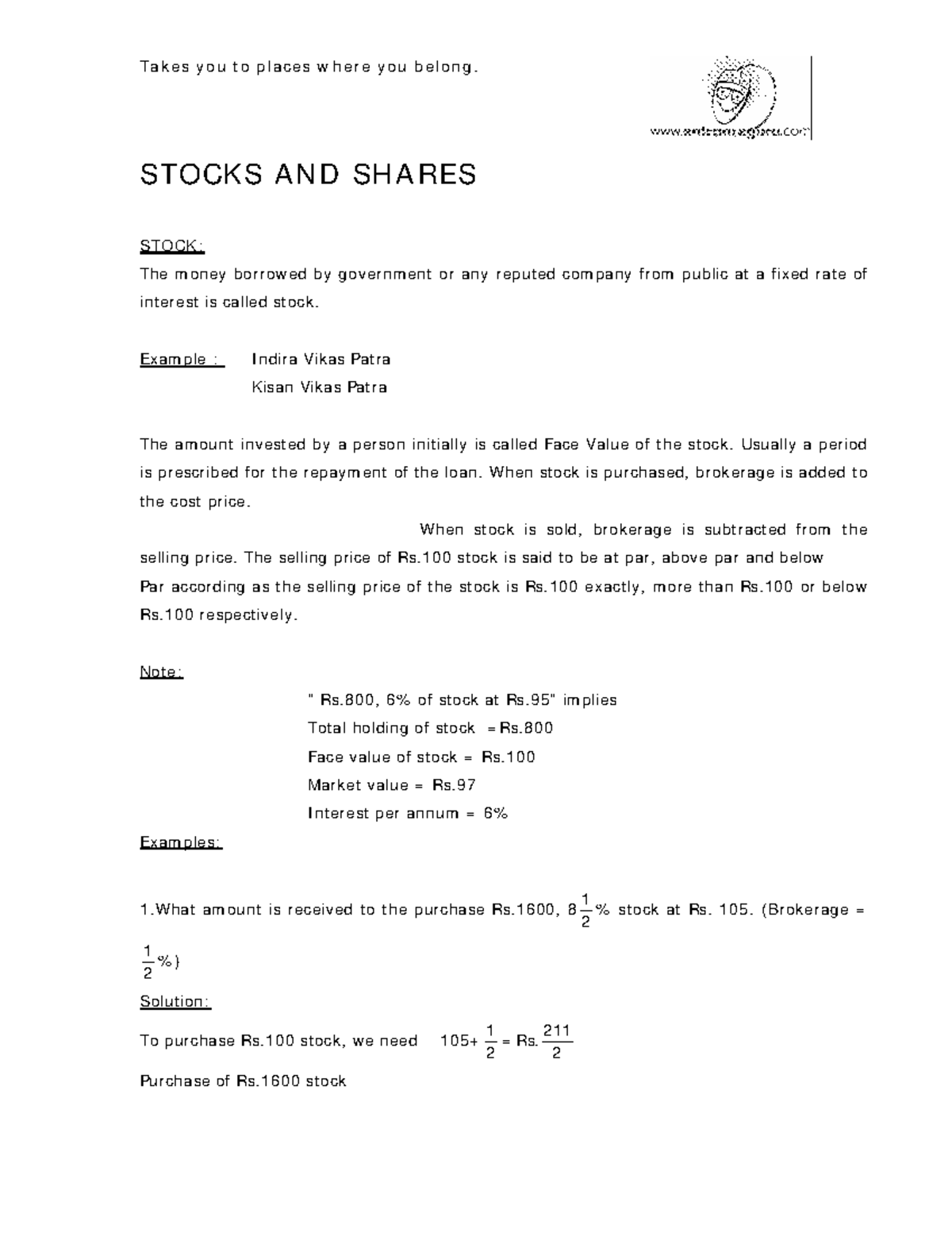 Stocks AND Shares Q&A mathematics aptitude notes STOCKS AND SHARES