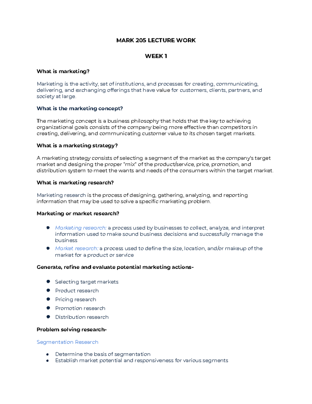 MARK 205 Lecture WORK - notes for week 1 and 2 - MARK 205 LECTURE WORK ...