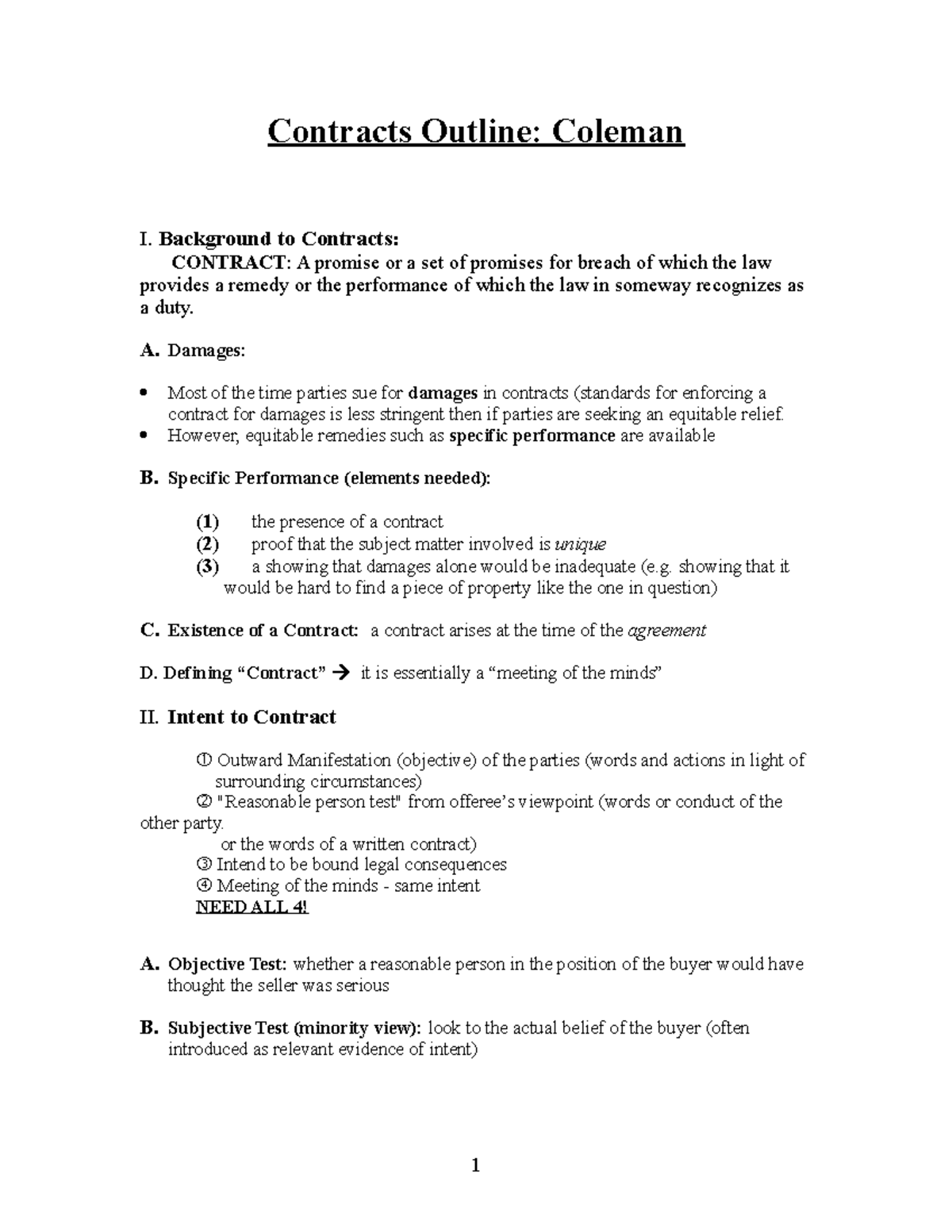 Contracts Coleman - Contracts Outline: Coleman I. Background to ...