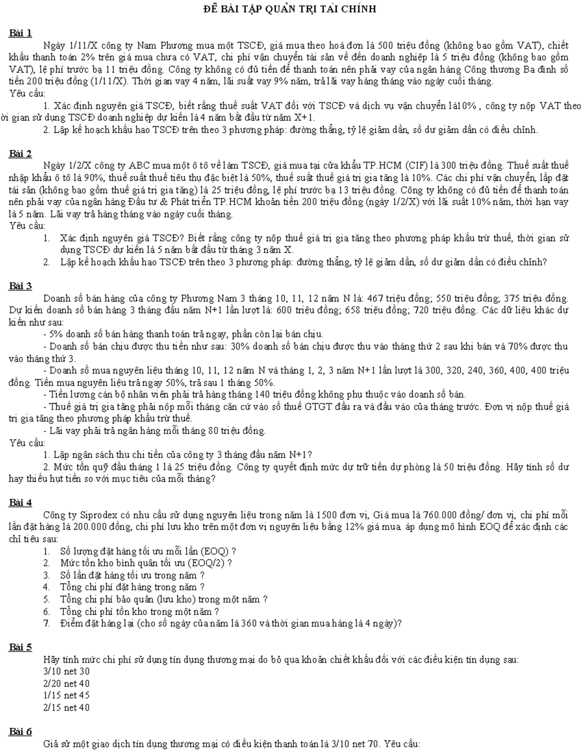 Bài Tập Quản Trị Tài Chính Và Lời Giải ĐỀ BÀi TẬp QuẢn TrỊ TÀi ChÍnh