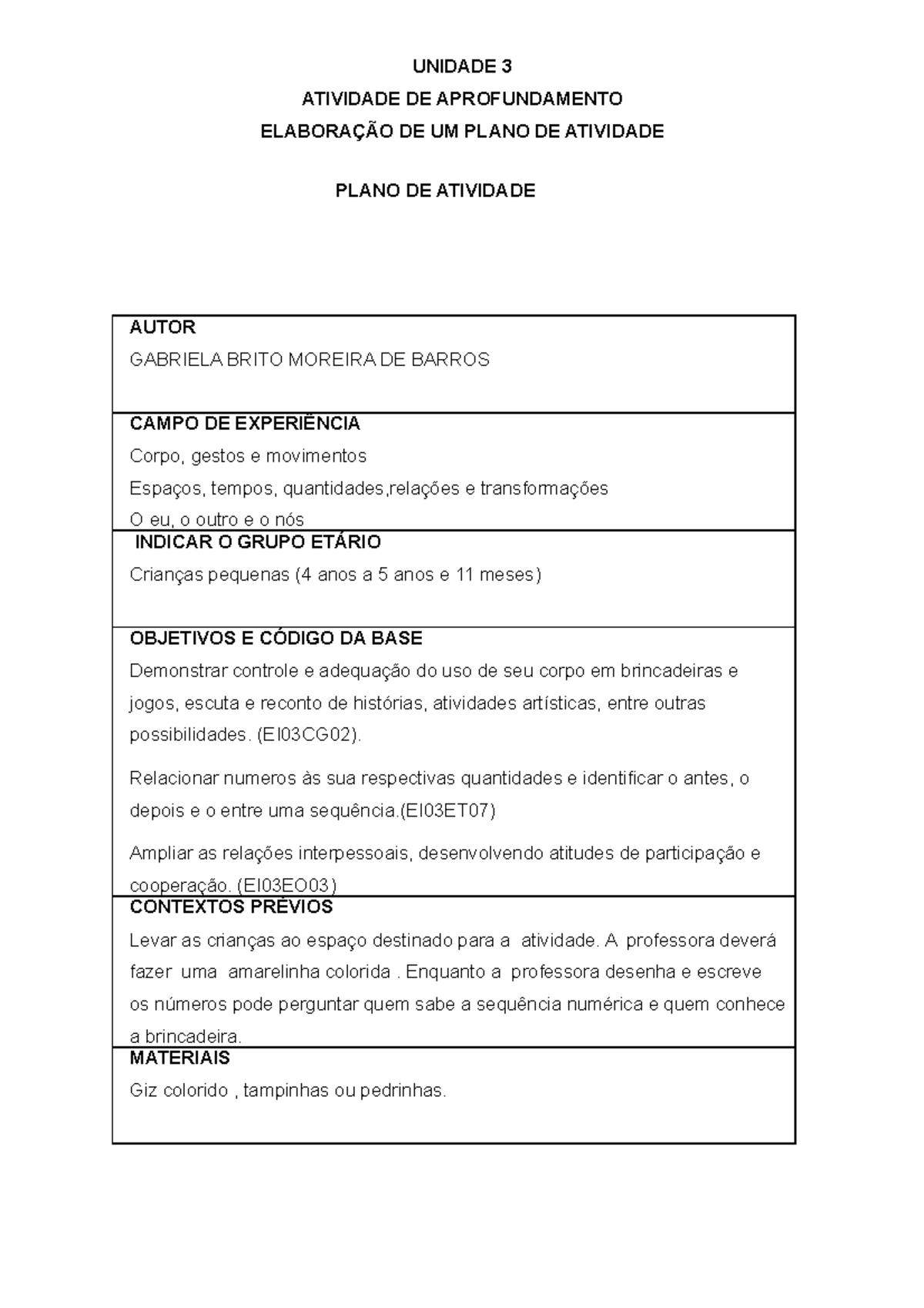 Prática de Ensino em Educação Infantil - Modelo Atividade III - Plano ...