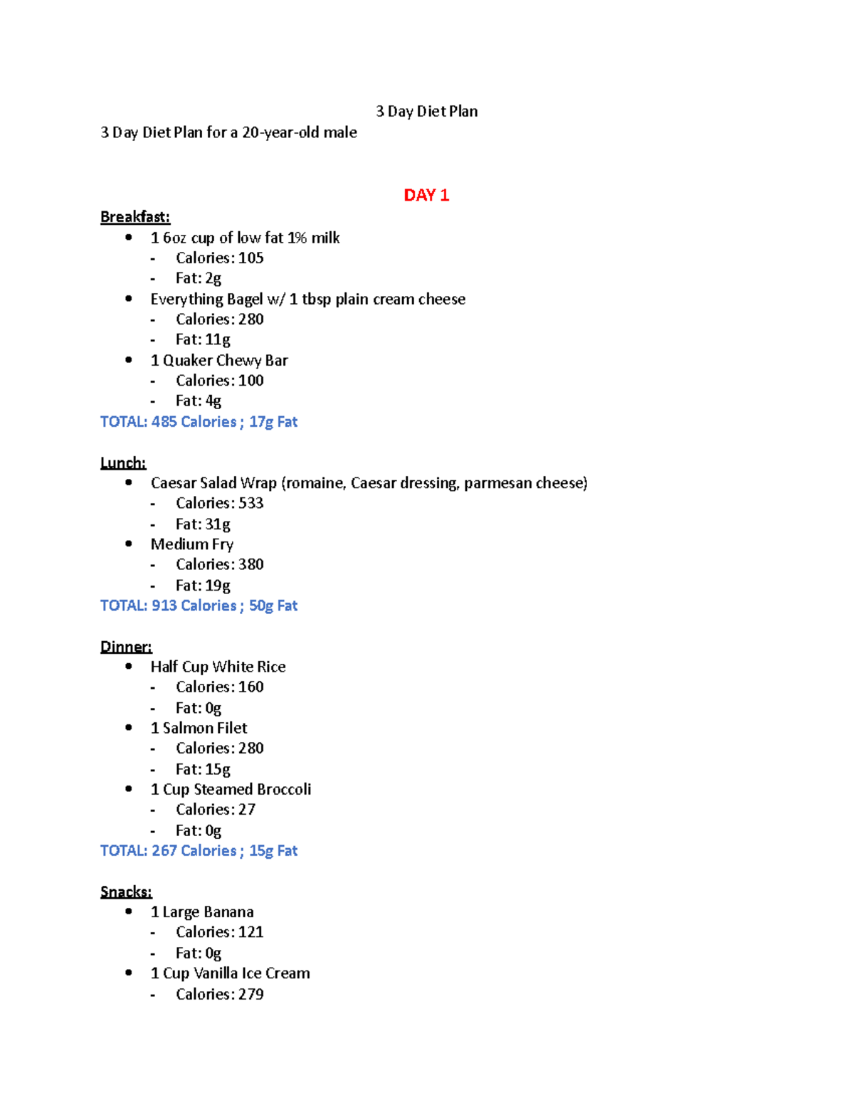 3 Day Diet Plan Healthy Diet Plan Based On Level Of Exercise 