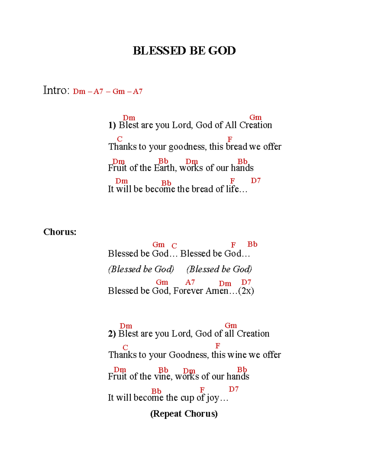 Blessed Be God Song Blessed Be God Intro Dm A7 Gm A 1 Blest Are You Lord God Of All