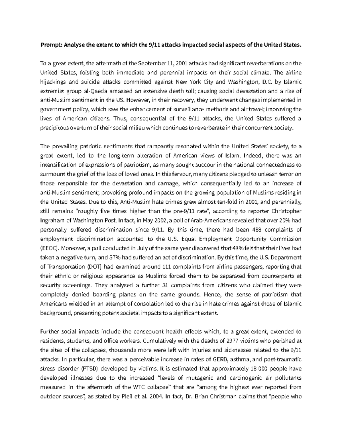 Non Exemplar 9/11 Modern History Essay - Prompt: Analyse the extent to ...