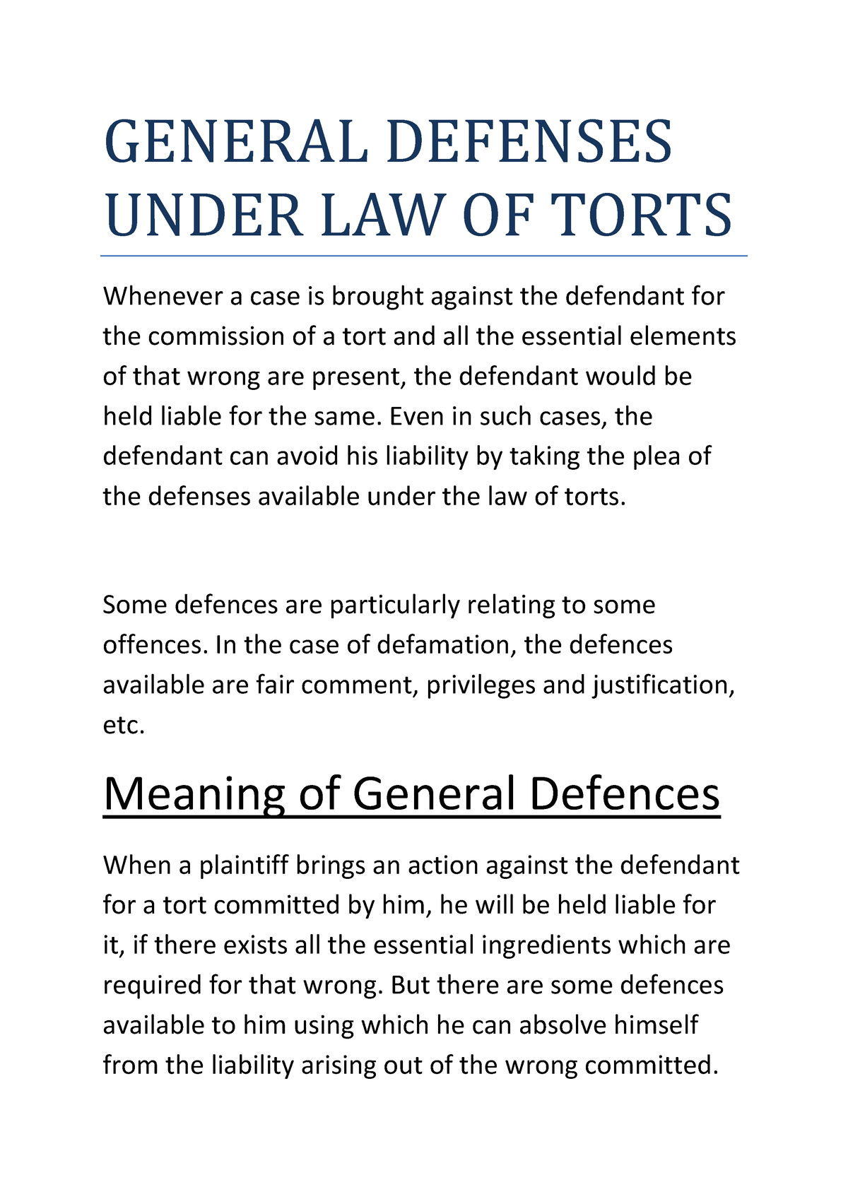 general defences in tort research paper