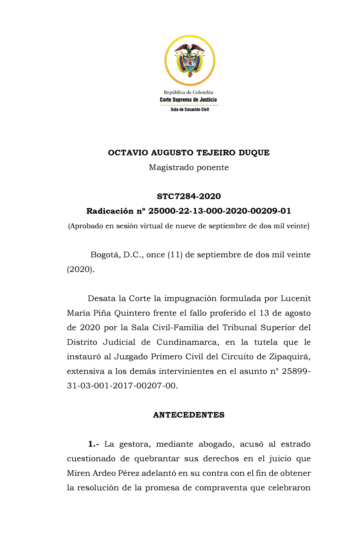 STC7284-2020 - Apuntes - OCTAVIO AUGUSTO TEJEIRO DUQUE Magistrado ...