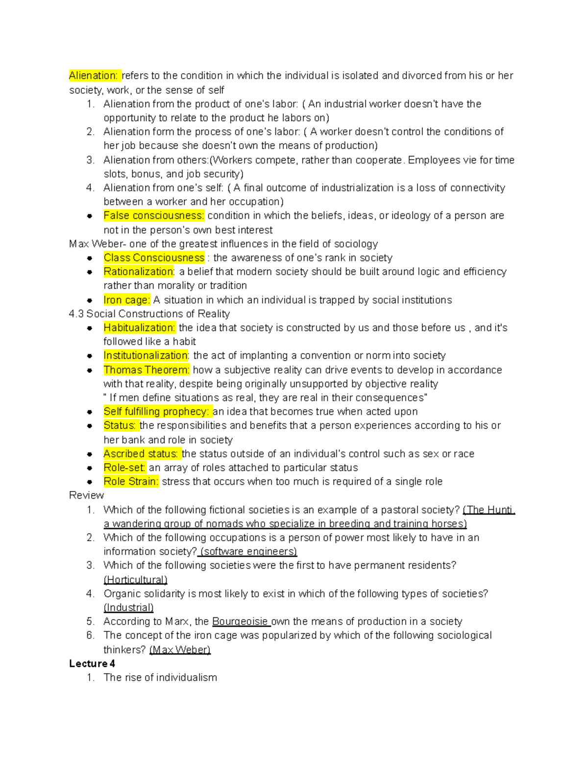 SOC 001 pt - Lecture and textbook notes - Alienation: refers to the ...