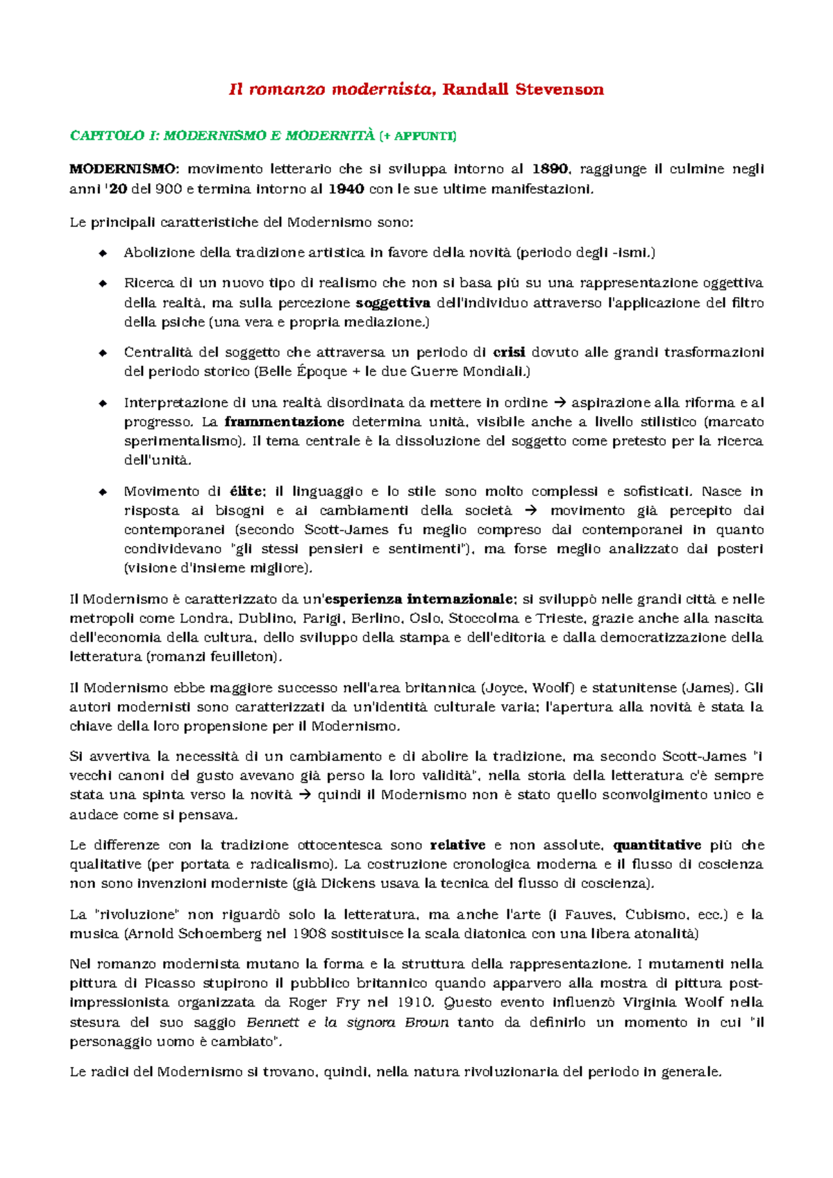 Riassunto Il Romanzo Modernista Randall Stevenson Letterature Studocu