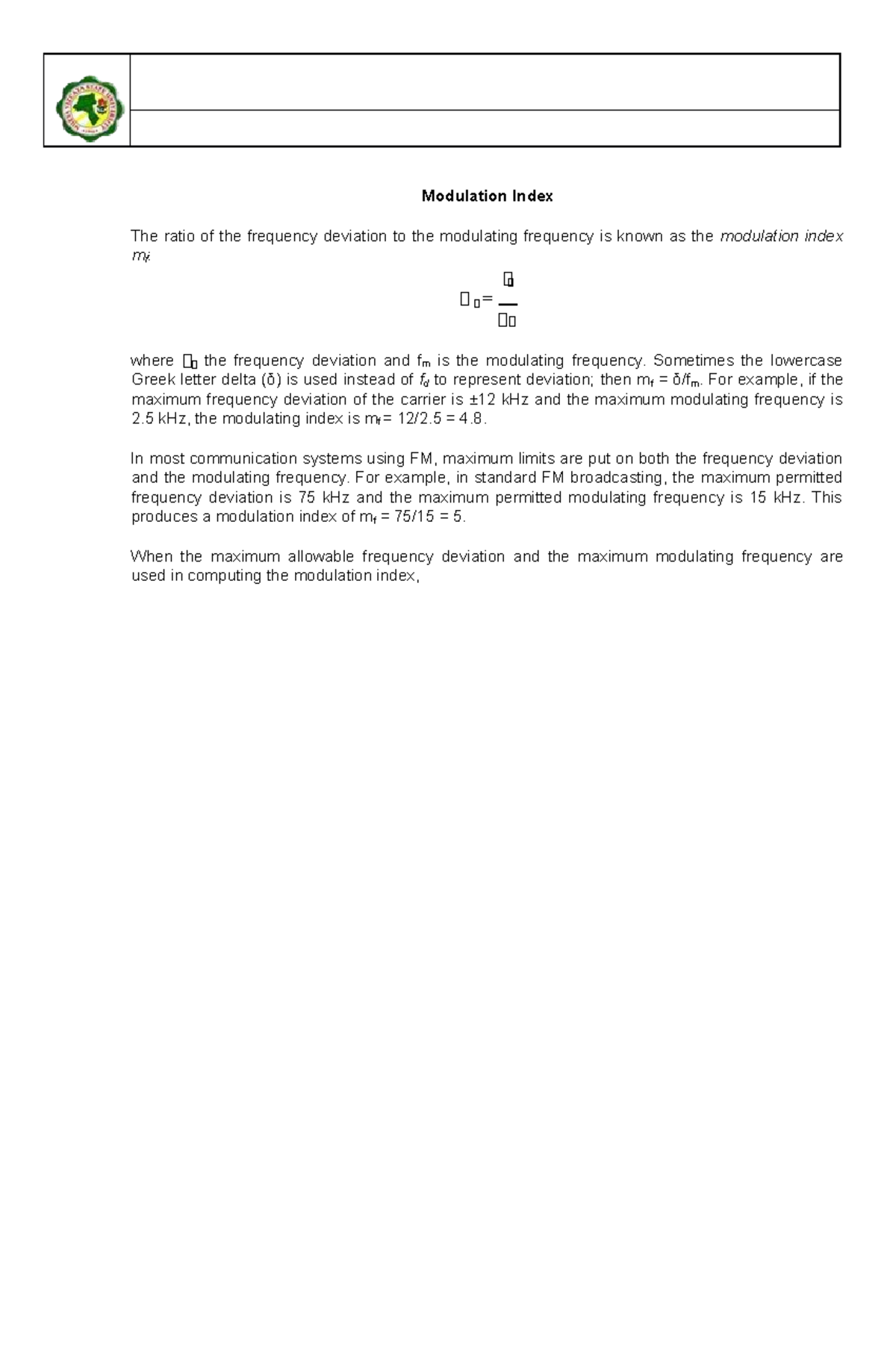 Modulation Index - Modulation Index The ratio of the frequency ...
