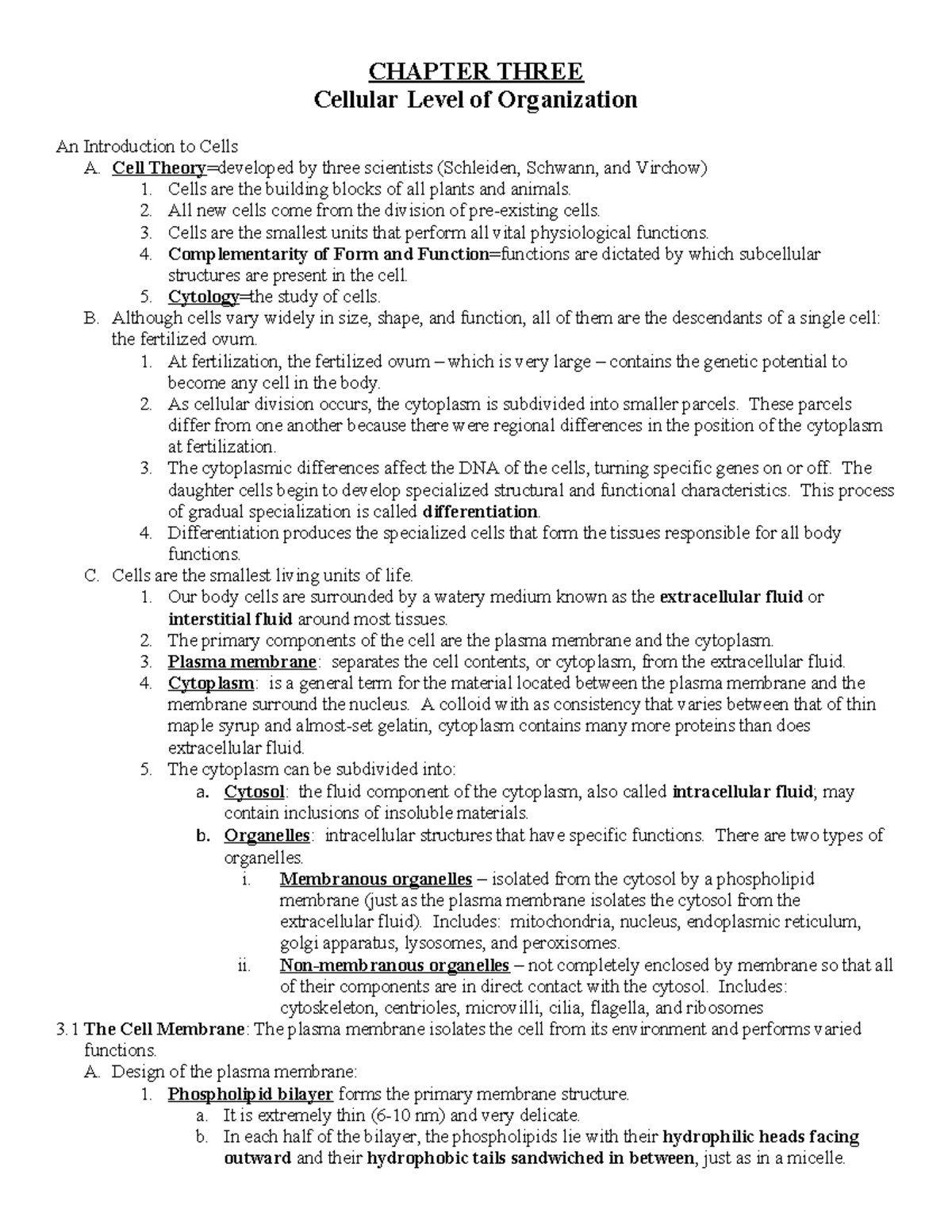 Chapter 3 Outline Complete - CHAPTER THREE Cellular Level of ...