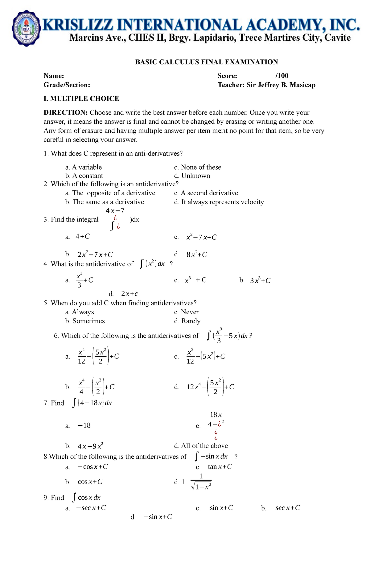 Final Examination In Basic Calculus BASIC CALCULUS FINAL EXAMINATION 