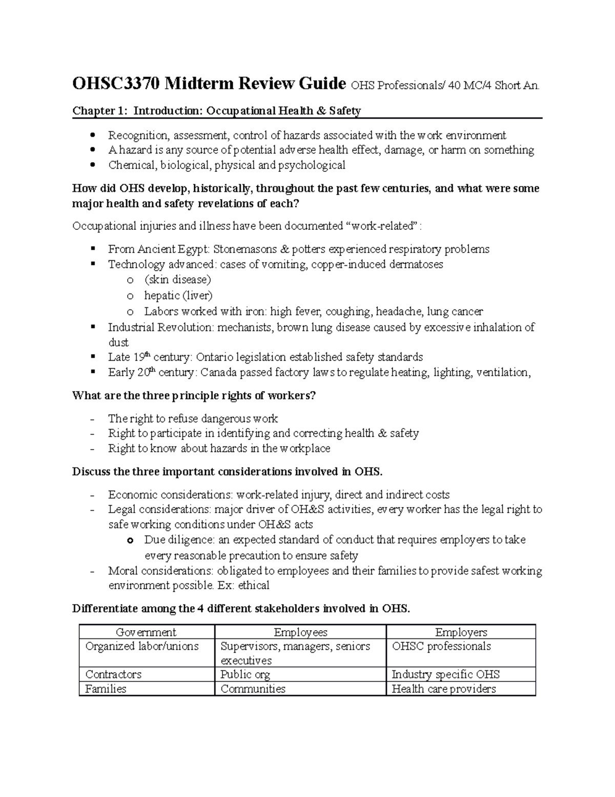 Midterm Review Guide- OHSC - Chapter 1: Introduction: Occupational ...