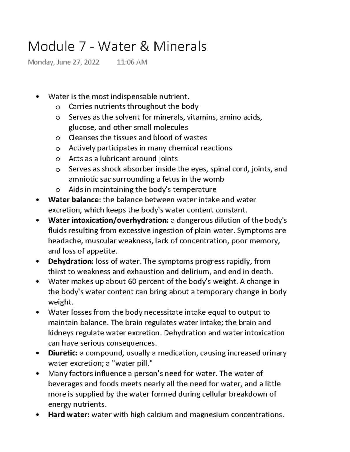 Module 7 Water & Minerals Water is the most indispensable nutrient