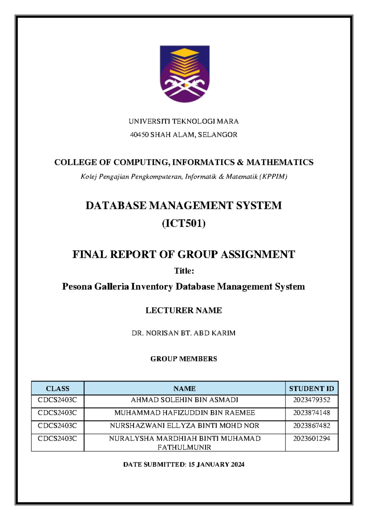 Final Report ICT501 ( Pesona Galleria) - UNIVERSITI TEKNOLOGI MARA ...