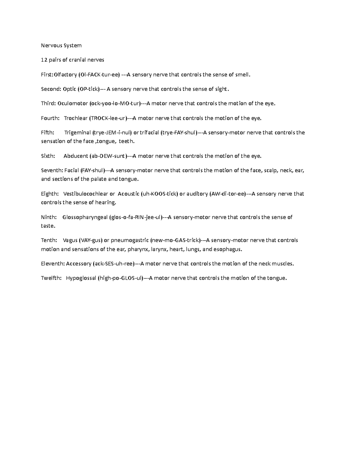 12 pairs of cranial nerves - Nervous System 12 pairs of cranial nerves ...