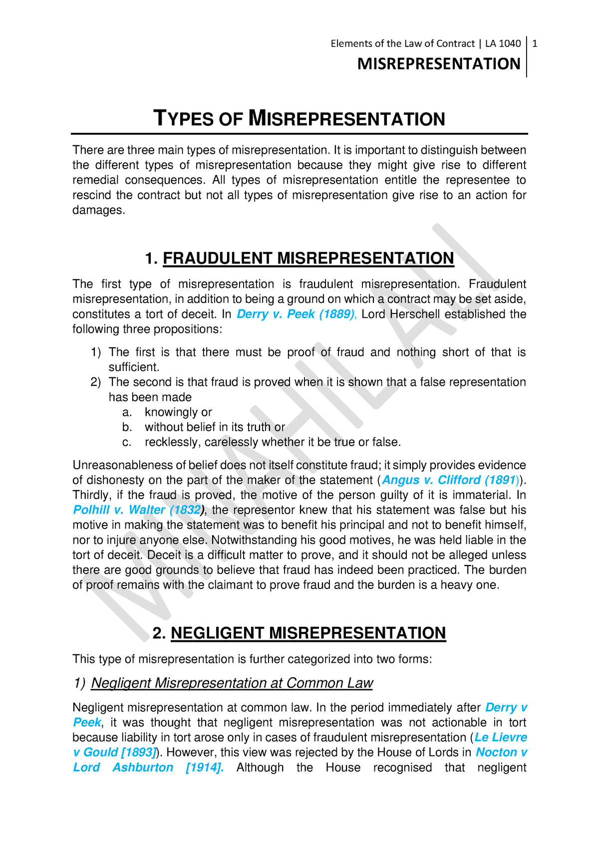 Misrepresentation 2. Types - MISREPRESENTATION TYPES OF ...