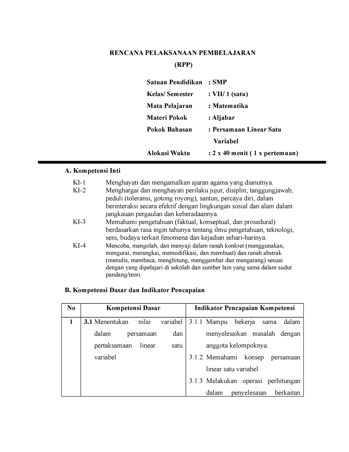 7 RPP Persamaan Linear Satu Variabel Doc - RENCANA PELAKSANAAN ...