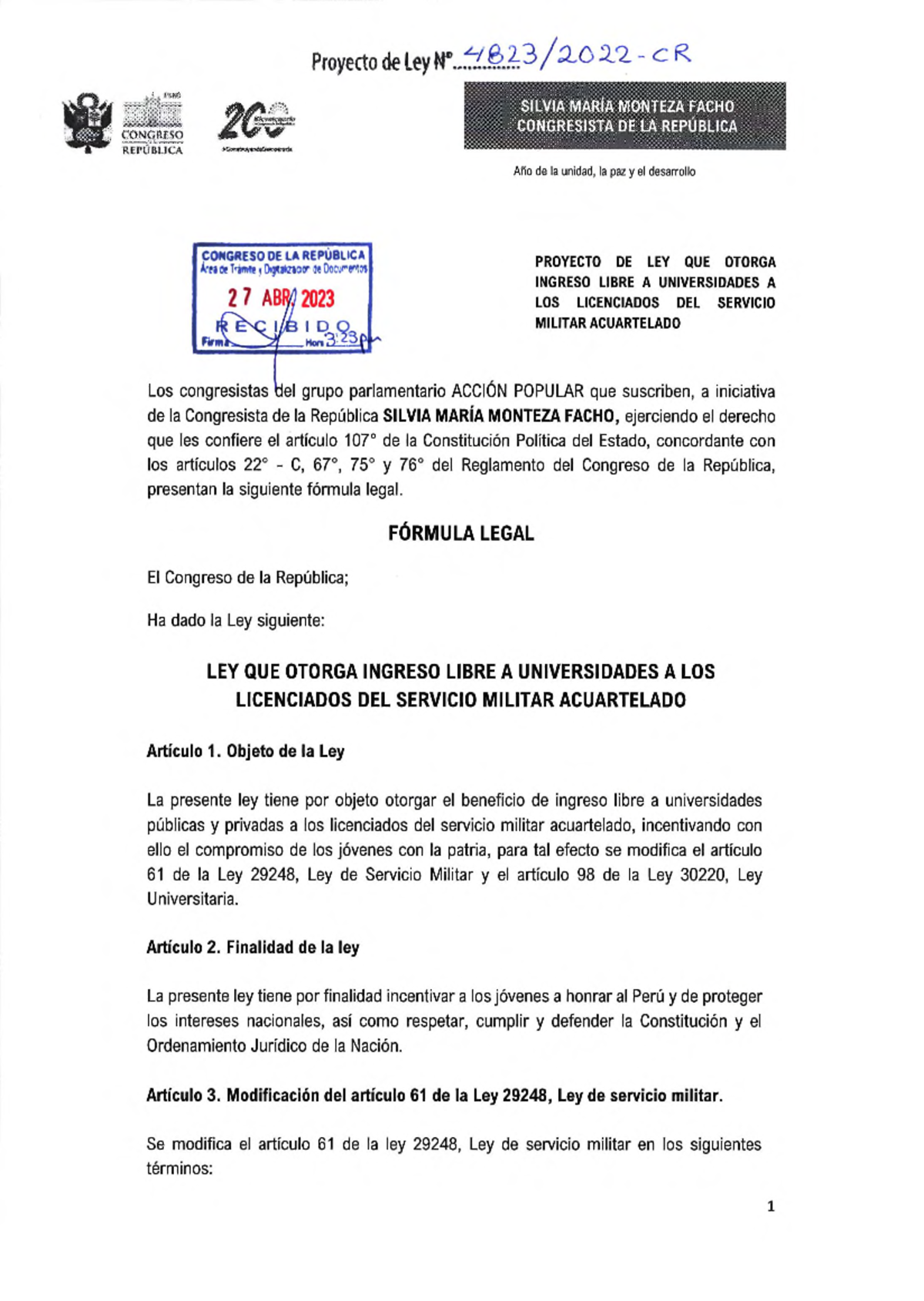 Proyecto DE LEY QUE Otorga Ingreso Libre A LA UNIV A LIC DE Servicio ...