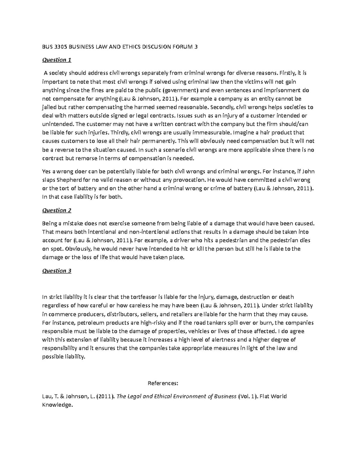 BUS 3305 Business LAW AND Ethics Discusion Forum 3 - BUS 3305 BUSINESS ...