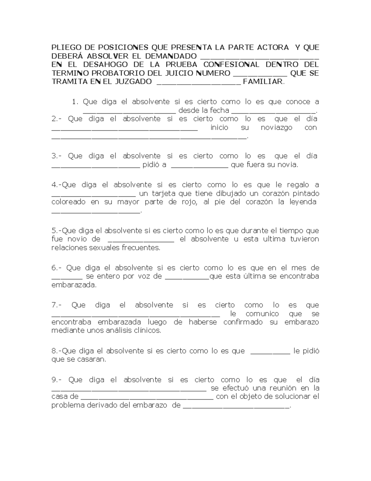 Pliego DE Posiciones QUE Presenta LA Parte Actora - PLIEGO DE ...
