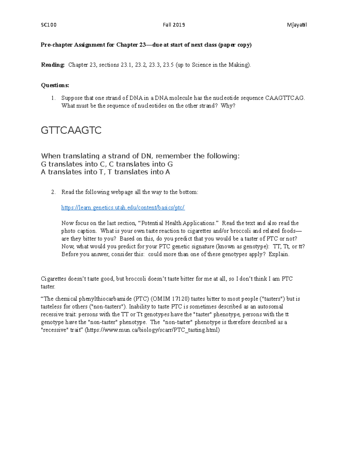 23 Chapter Assigment - SC100 Fall 2019 Mjayatil Pre-chapter Assignment ...