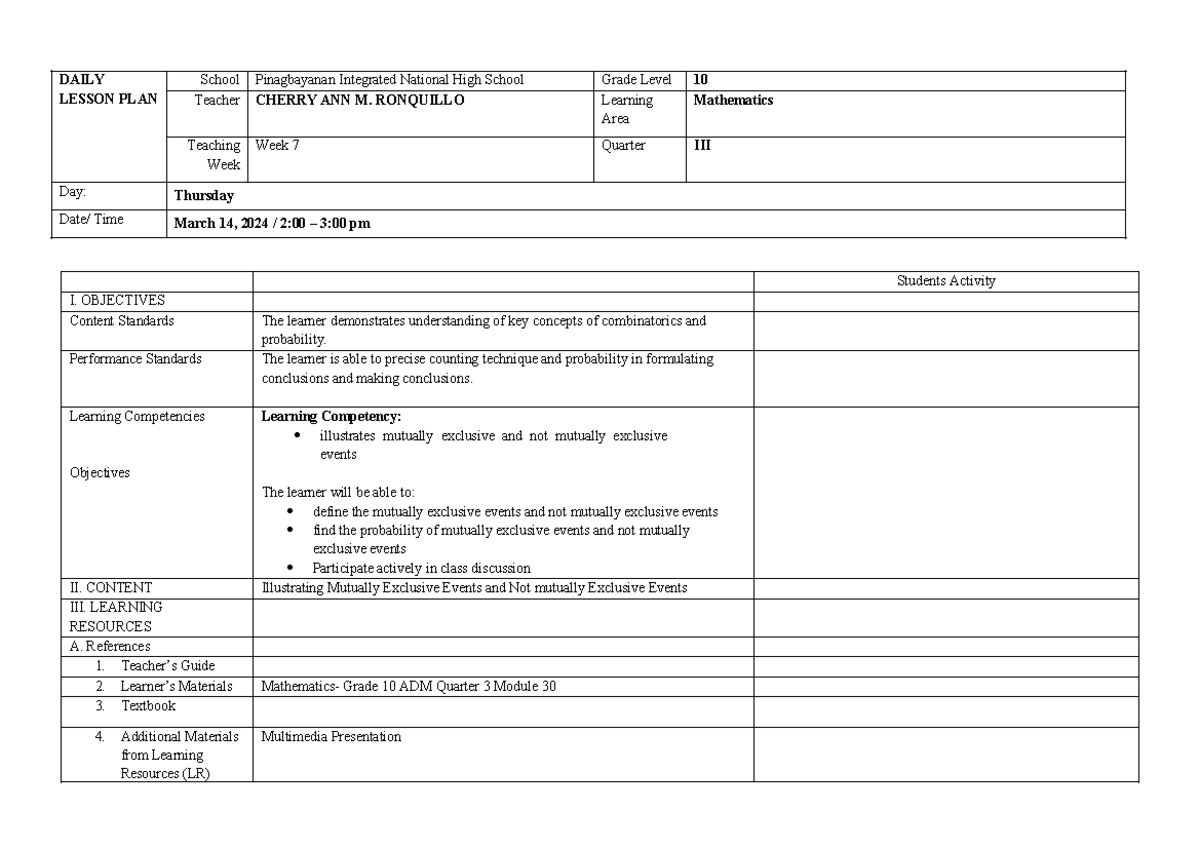 Mutually Exclusive - Summary BSED-Math - DAILY LESSON PLAN School ...