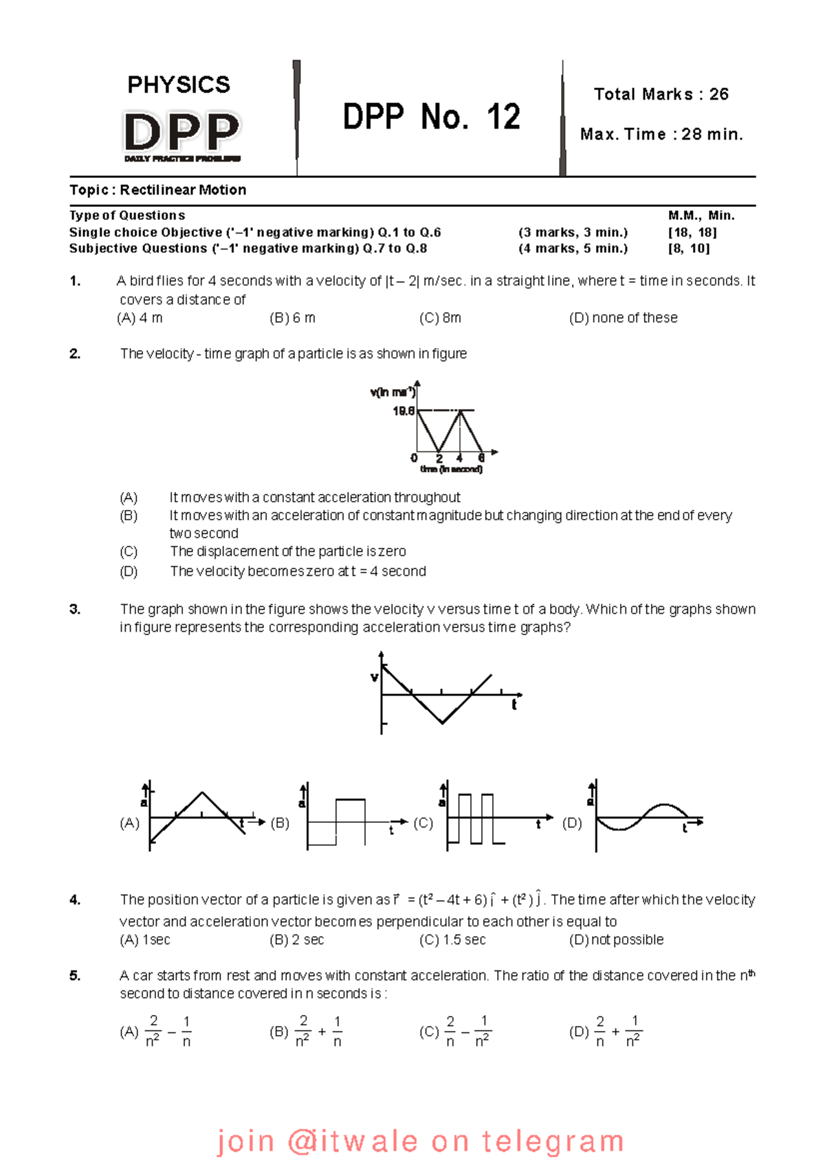 12 Rectilinear Motion Imp PHYSICS DPP No. 12 Total Marks 26 Max