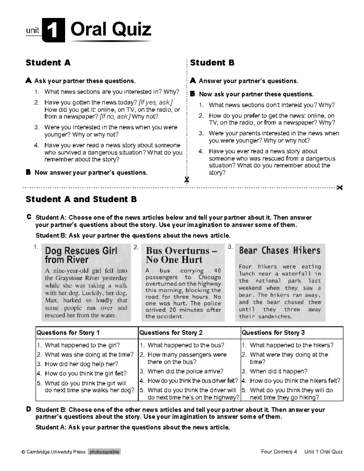 Quiz 5 Quiz5 Cambridge University Press photocopiable Four Corners