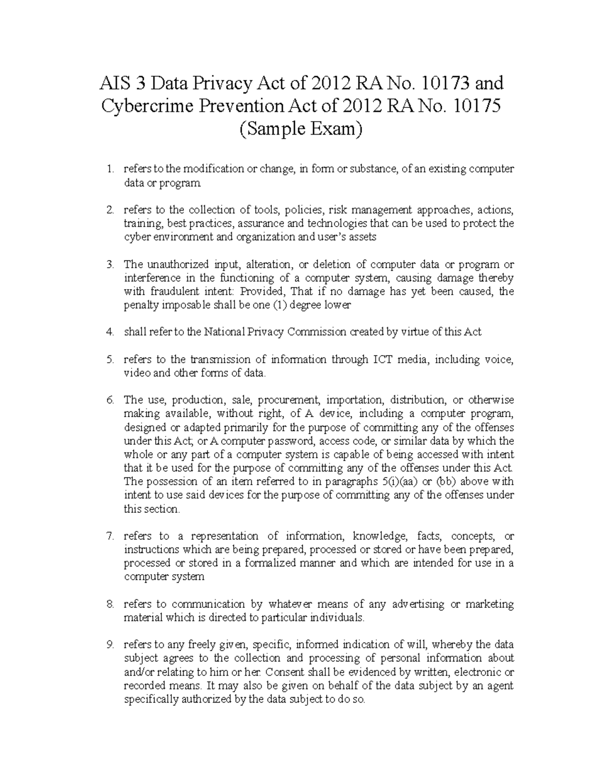 Sample Exam RA No. 10173 and 10175 - AIS 3 Data Privacy Act of 2012 RA ...