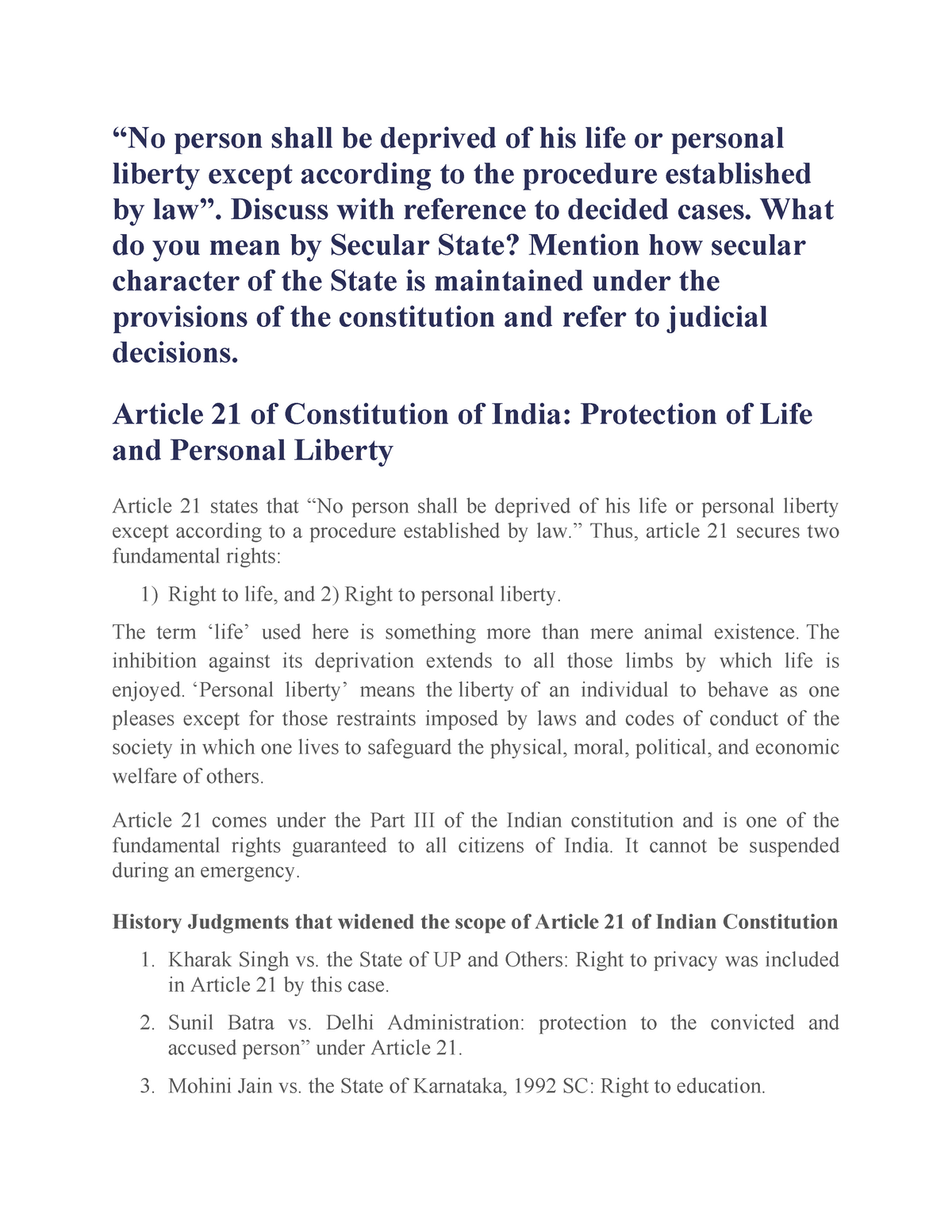 essay on article 21 of indian constitution