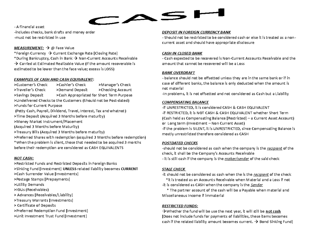 10 CASH Summary A Financial Asset includes Checks Bank Drafts And 