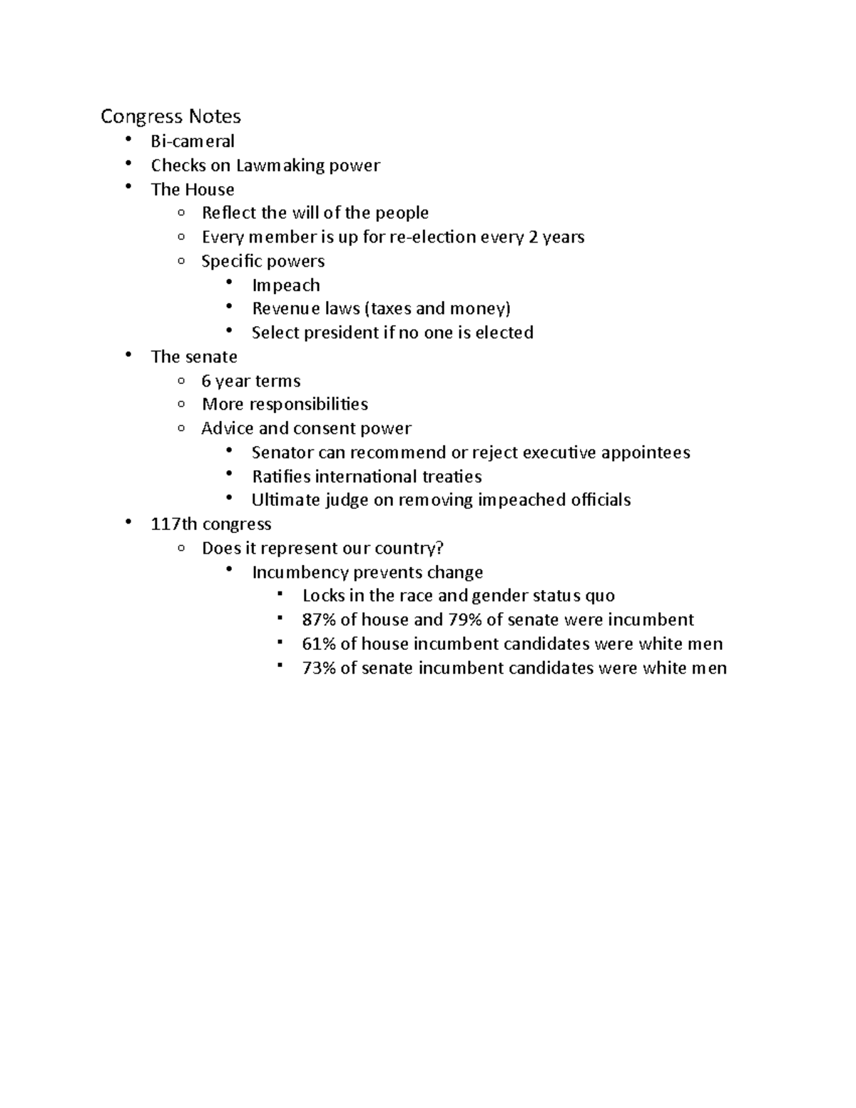 Congress Notes - Congress Notes Bi-cameral Checks on Lawmaking power ...