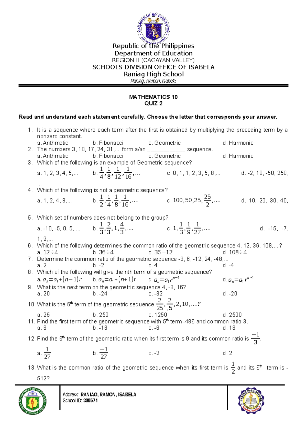 MATH 10 Q1 QUIZ - Republic of the Philippines Department of Education ...